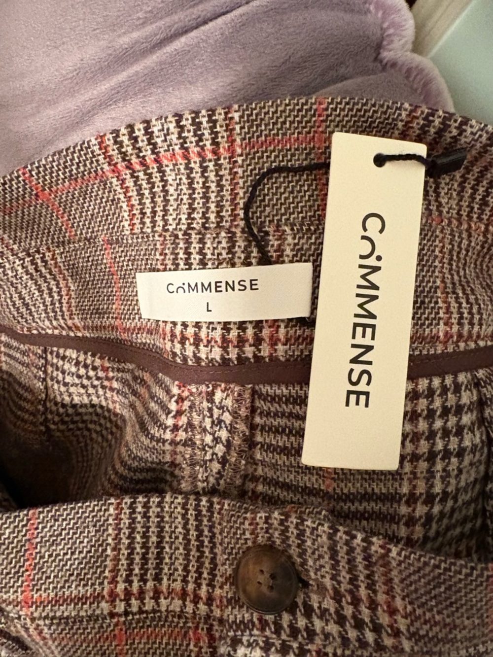 Commense Belted Plaid High-Waisted Pants NWT Brown L - Picture 4 of 5